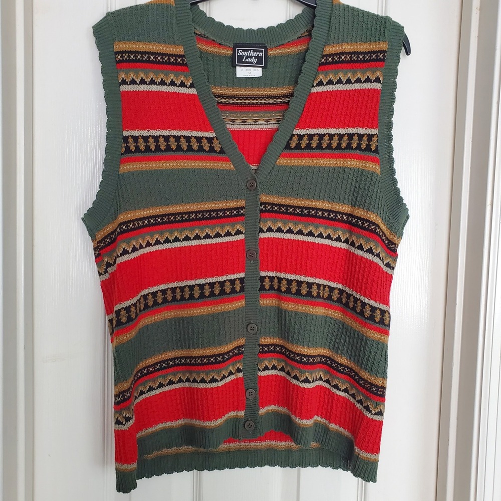Southern Lady Vintage Green Red Striped Knit Button Front Sweater Vest Size M